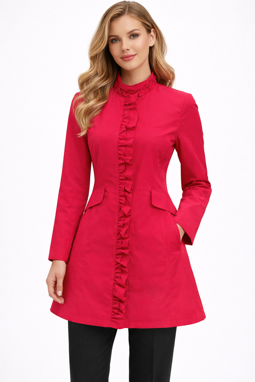 DKNY Hot Pink A-Line Ruffle Raincoat Jacket Trench Button Up Sz XS Classic Chic